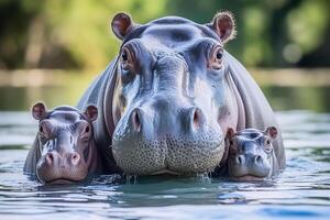 ai généré famille de hippopotames profiter dans le rivière dans magnifique africain safari paysage dans nationale parc photo