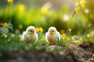 ai généré beau, espiègle bébé poussins sur Frais vert herbe, serein Naturel Extérieur scène avec ample copie espace photo