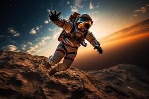 ai généré astronaute dans espace sur international Humain espace vol journée. zéro la gravité exploration concept photo
