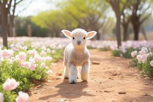 ai généré adorable peu mouton en marchant dans scénique Extérieur réglage avec beaucoup de espace pour texte ou copie photo