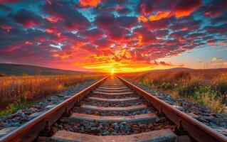 ai généré chemin de fer des pistes. une chemin de fer et magnifique le coucher du soleil dans le été photo