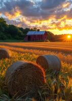 ai généré foins balles et rouge Grange asseoir dans champ à le coucher du soleil photo