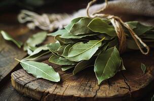 ai généré Frais baie feuilles sur en bois table photo