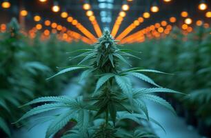 ai généré cannabis plante grandit en dessous de rouge lumières dans serre. une cannabis feuille est grandi dans une laboratoire pièce sur le plante photo