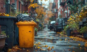 ai généré Jaune poubelle pouvez et des ordures sac sur le rue dans l'automne photo