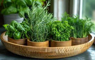 ai généré Frais herbes dans en bois bol. une Frais herbes affiché sur une plat photo