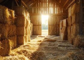 ai généré paille balles dans Grange à le coucher du soleil photo