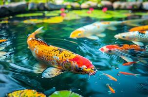 ai généré koi poisson dans le étang. majestueux koi poisson gracieusement nager dans une clair étang photo