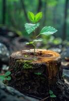 ai généré Nouveau la vie et renouvellement après la déforestation et global chauffage petit vert plante grandit de Couper arbre photo