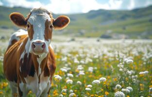 ai généré vache permanent dans champ de fleurs. une groupe de marron et blanc vaches pâturer dans le champ photo