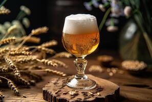 ai généré verre de du froid lumière Bière avec mousse sur en bois table photo