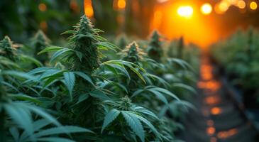 ai généré cannabis plante grandit dans serre à le coucher du soleil photo