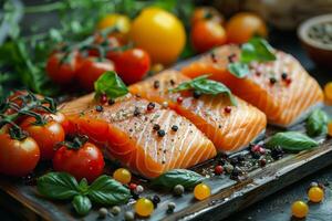 ai généré brut Saumon filet et nombreuses sortes de tomates avec basilic sur vieux en bois planche sélectif concentrer photo