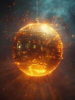 ai généré d'or disco Balle et lot de petit lumières. une disco Balle éclairant dans le Contexte avec projecteurs photo