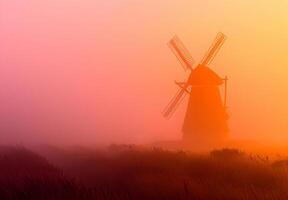 ai généré Moulin à vent dans le brume. une Moulin à vent monte de une brumeux champ photo