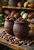 ai généré cacao des haricots dans en bois bol photo