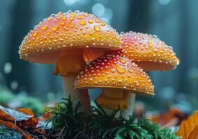 ai généré Trois Orange mouche agaric champignons sont couvert avec rosée gouttes dans le l'automne forêt. photo