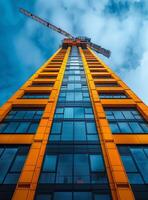 ai généré Orange haute monter bâtiment en dessous de construction avec grue photo