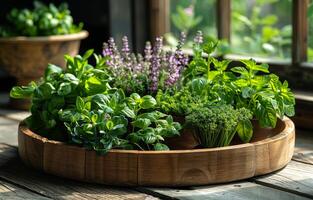 ai généré herbes et des légumes croissance sur rebord de fenêtre en bonne santé en mangeant concept photo