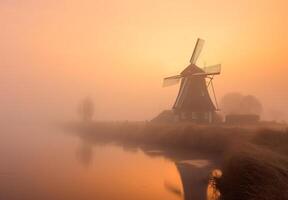 ai généré Moulin à vent dans brumeux printemps lever du soleil. une Jaune Moulin à vent monte de une brumeux champ photo