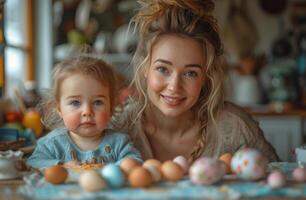 ai généré Jeune mère et sa peu fille sont La peinture des œufs pour Pâques. photo