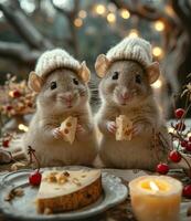 ai généré deux souris manger fromage près bougie et Noël arbre. photo