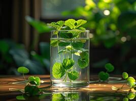 ai généré Frais menthe et l'eau dans verre sur en bois table photo