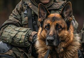 ai généré militaire chien et le sien gestionnaire. une allemand berger chien est séance suivant à une la personne portant une militaire uniforme photo