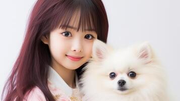 ai généré content asiatique femme et animal de compagnie chien montrant l'amour et relation amicale sur flou blanc Contexte photo