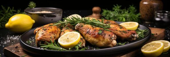 ai généré appétissant poulet ailes avec piquant citron et aromatique herbes. bannière photo