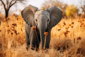 ai généré Jeune l'éléphant aventurer par ses Naturel habitat dans le sauvage région sauvage photo