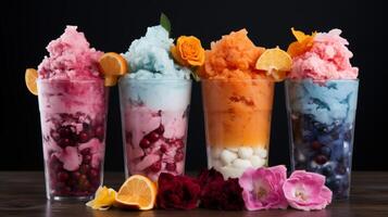 ai généré vibrant la glace crèmes surmonté avec gelée et séché des fruits, parfait traite pour une délicieux été journée photo