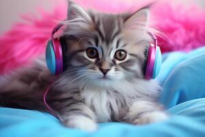 ai généré adorable chat portant élégant écouteurs tandis que écoute à musique, avec copie espace pour texte photo