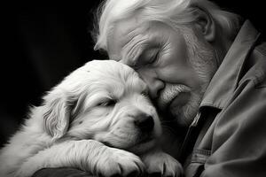 ai généré une réconfortant moment capturé comme une chiot reçoit confort de une soins Sénior homme. noir et blanc la photographie photo