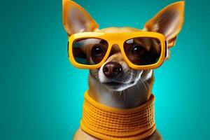 ai généré marrant chihuahua chien portant élégant Jaune des lunettes sur lumière bleu Contexte avec espace pour texte photo