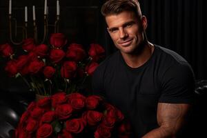 ai généré souriant homme en portant grand bouquet de rouge des roses. valentines journée cadeau avec espace pour texte photo