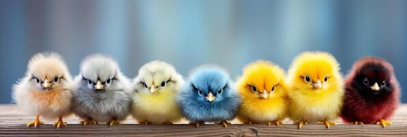 ai généré bannière coloré Pâques poussins. adorable printemps décorations pour de fête salutations et Pâques célébrations photo