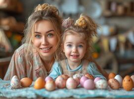 ai généré mère et fille sourire à table plein de Pâques des œufs. photo