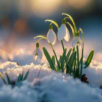 ai généré blanc perce-neige fleurs croissance par le neige dans de bonne heure printemps photo