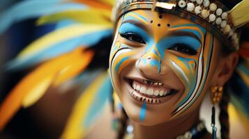 ai généré traditionnel culturel maquillage et souriant visages fermer avec flou Contexte et copie espace photo