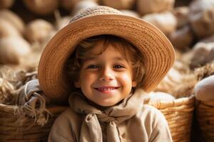 ai généré content et souriant Jeune garçon dans rustique style chapeau à la recherche à caméra avec ancien ambiance photo