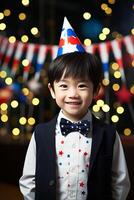 ai généré souriant asiatique garçon avec fête chapeau célébrer de fête anniversaire - copie espace. verticale photo