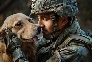 ai généré soldat avec d'or retriever chien. militaire homme embrasser le sien chien photo