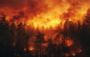 ai généré forêt Feu brûlant. une forêt Feu une peu heures avant fin photo