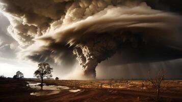 ai généré tornade atterrissage. brut Puissance et destruction transformer paysage avec débris et poussière dans le air photo