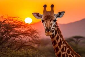 ai généré africain safari sérénité. gracieux girafe au milieu de vibrant le coucher du soleil teintes et diverse faune photo