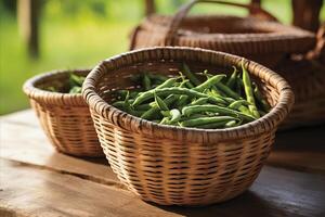 ai généré vert pois récolte. fraîchement choisi dosettes dans panier biologique de la ferme à la table produire pour en bonne santé recettes photo