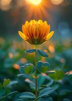 ai généré Jaune fleur et le Soleil. une lotus fleur et vert feuilles photo