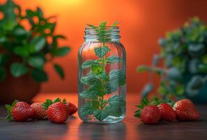 ai généré fraise plante dans verre pot et Frais des fraises sur en bois table photo