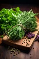 ai généré Frais herbes et épices sur en bois table photo